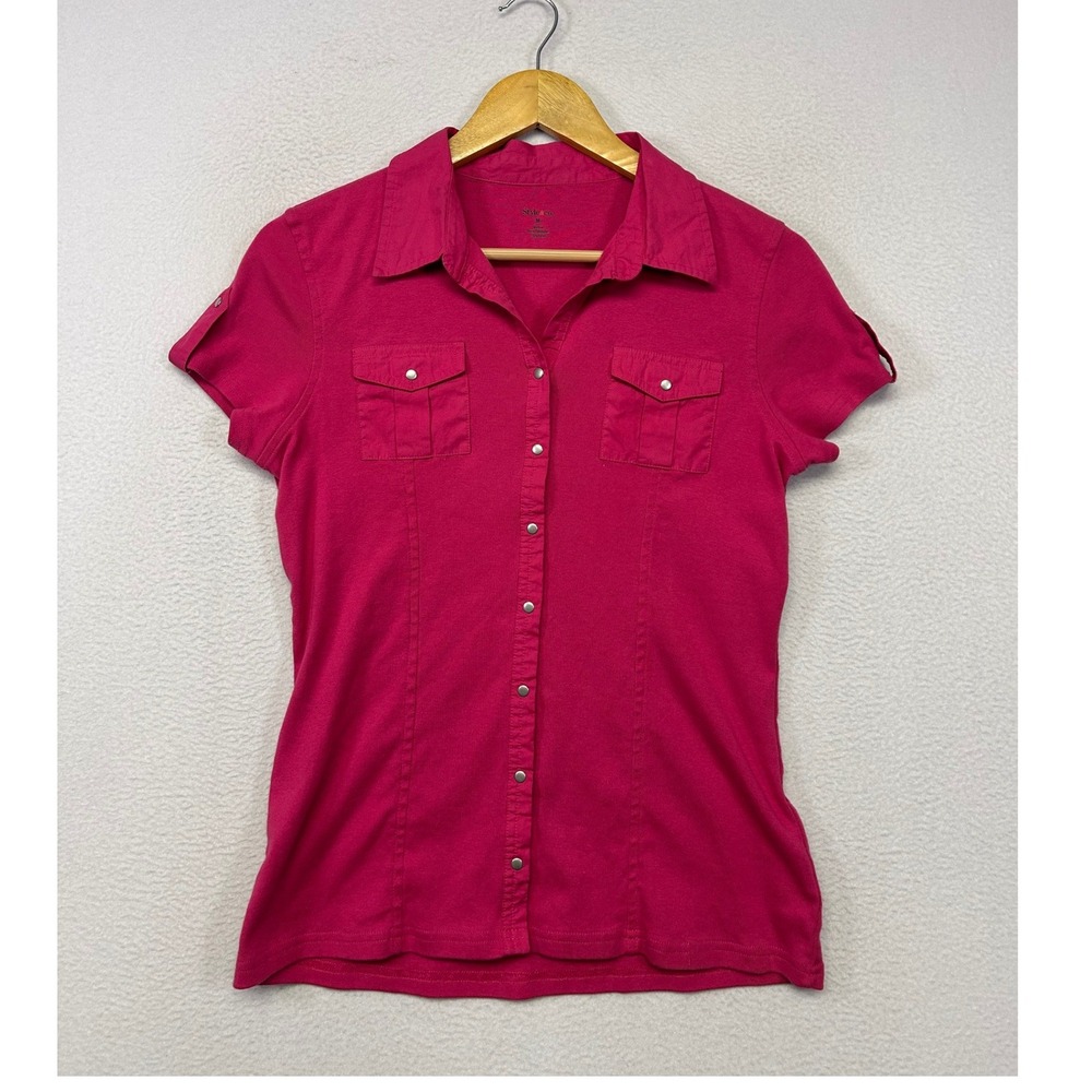 Casual Utility Style & Co Womens Medium Pink Short Sleeve Snap Front Shirt